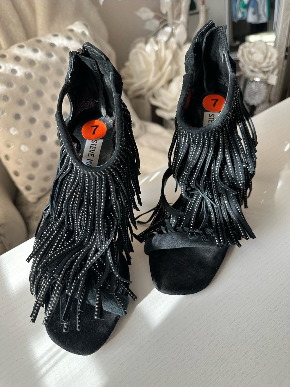 Steve Madden Black Studded Fringe Open-Toe Heels Size 7
